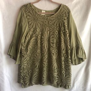 Sage Green Crocheted Boho Bohemian Tunic, Lined, Size XL